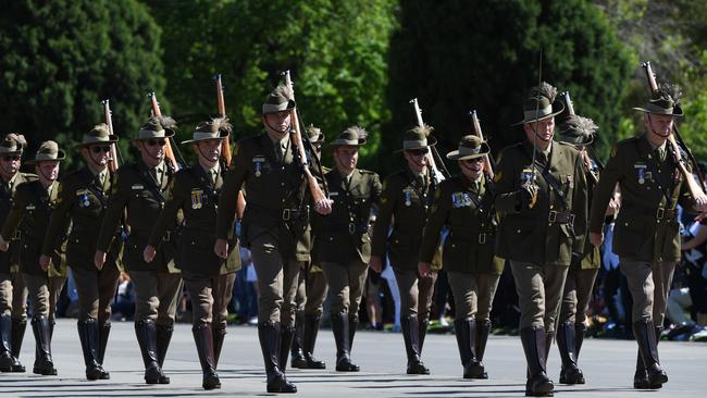 Military personal march during the commemoration. Picture: AAP Image/James Ross