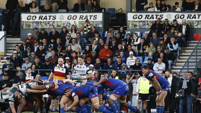 Warringah scrum in front of a packed stand at Rat Park last season. Pic: Karen Watson