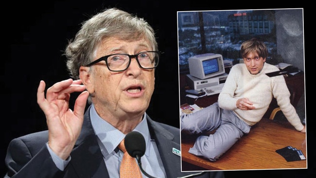 Bill Gates now (main picture) and in his younger years, flipping a floppy disk of the first version of Windows. Pictures: AFP/Supplied