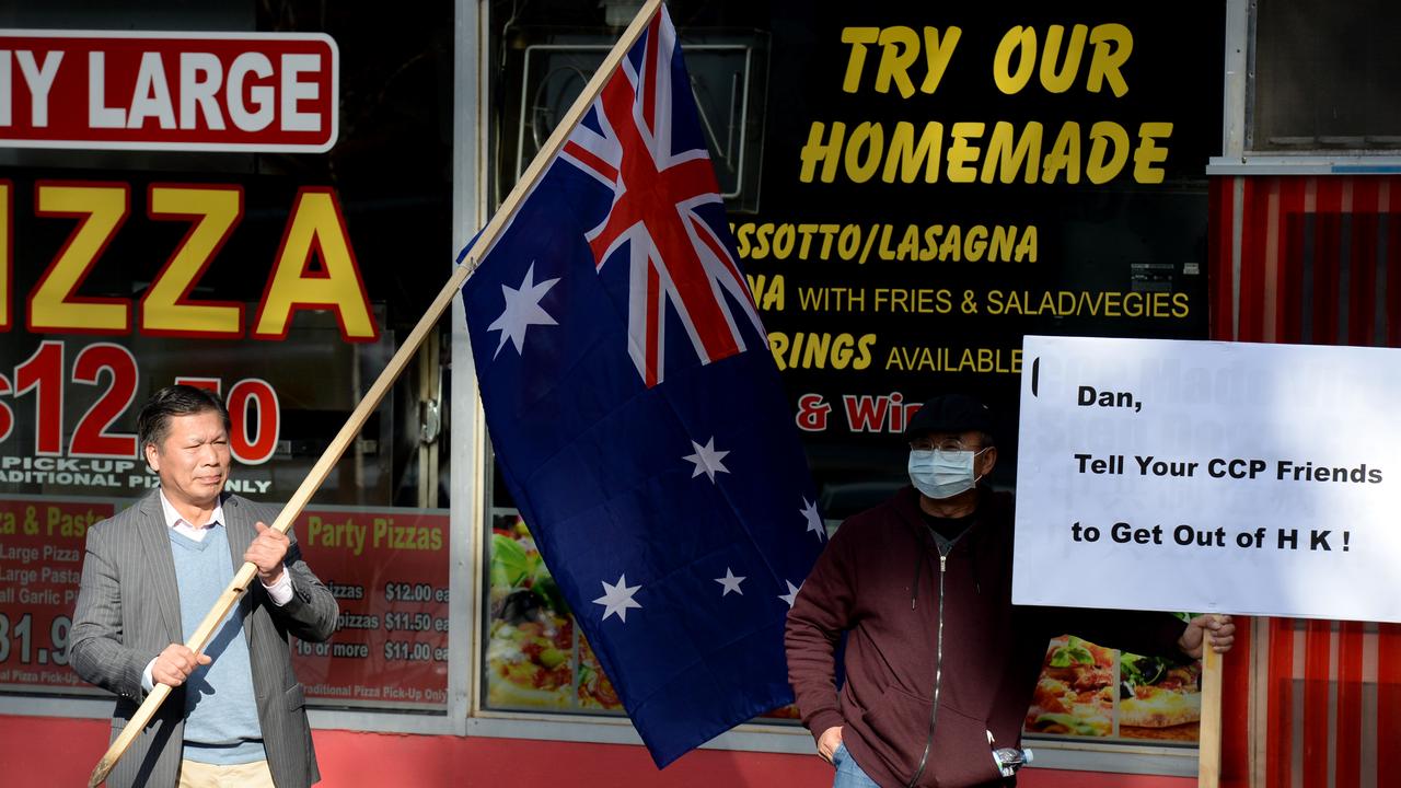 Protesters outside Daniel Andrews’ electoral office at Noble Park. Picture: Andrew Henshaw