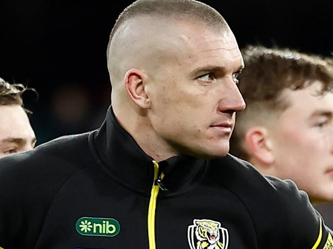 MELBOURNE, AUSTRALIA - JUNE 30: Dustin Martin of the Tigers looks on during the 2024 AFL Round 16 match between the Richmond Tigers and the Carlton Blues at The Melbourne Cricket Ground on June 30, 2024 in Melbourne, Australia. (Photo by Michael Willson/AFL Photos via Getty Images)