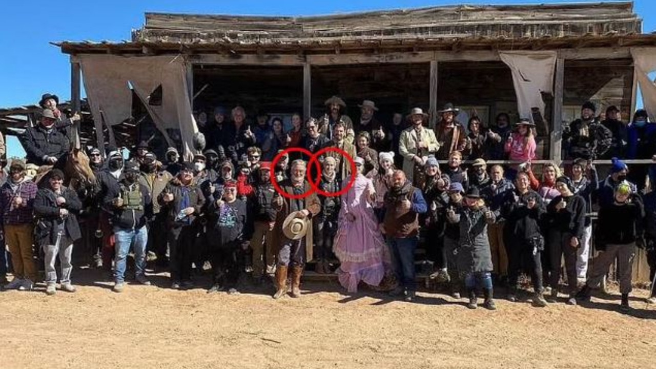 Alec Baldwin and Halyna Hutchins (circled) are pictured together on the set of Rust, in an image that she uploaded to Instagram two days ago. Picture: Supplied