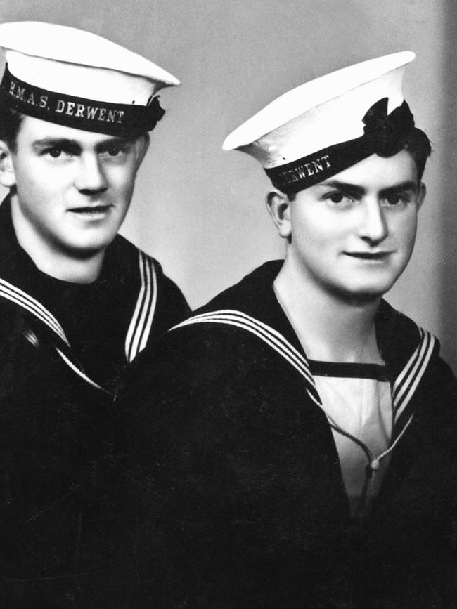 Studio portrait of the Sheean brothers of Lower Barrington, Tasmania, both Australian sailors serving on HMAS Derwent. On the left is H1646 Stoker Class II Thomas (Mick) Sheean and on the right is H1617 Ordinary Seaman (OS) Edward (Teddy) Sheean, RAN.