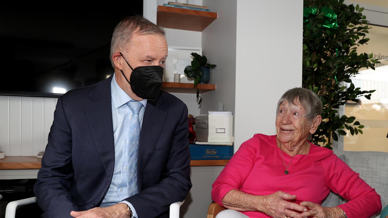 Labor leader Anthony Albanese visits Symons House Retirement Village in Nowra, New South Wales. There he meets resident Pat Morrison, 89, before getting Covid. Picture: Toby Zerna