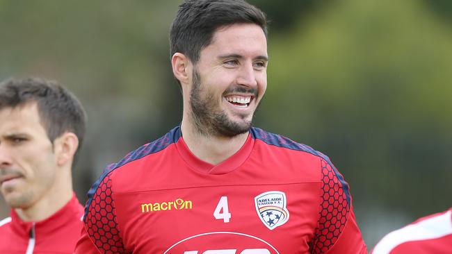 Dylan McGowan (Adelaide United) (centre). Adelaide United Soccer training, at Adelaide United Training Centre, Elizabeth. 14/11/16 Picture: Stephen Laffer