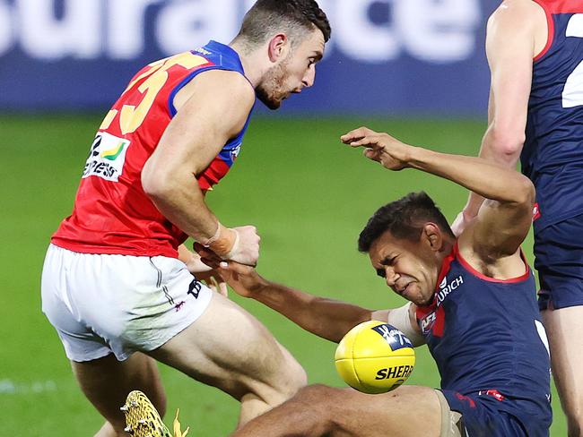 AFL Round 8 . 26/07/2020.   Melbourne vs Brisbane at the Metricon Stadium, Gold Coast.  Daniel McStay of the Lions collides front on with Neville Jetta of the Demons Q2 . Pic: Michael Klein