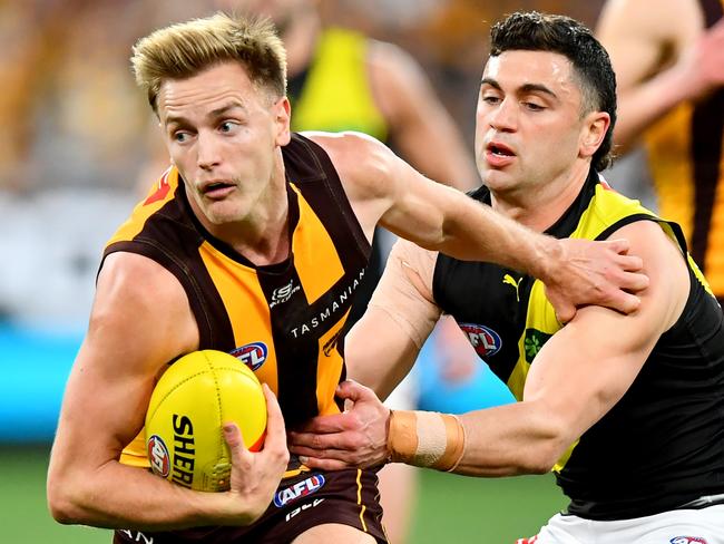 Harry Morrison in action for Hawthorn. (Photo by Josh Chadwick/AFL Photos/via Getty Images)