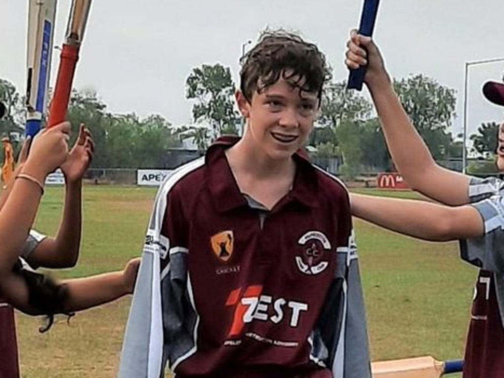 Cadell McMahon after making 114 off just 60 balls in Under 15s cricket. Picture: Palmerston Cricket Club.