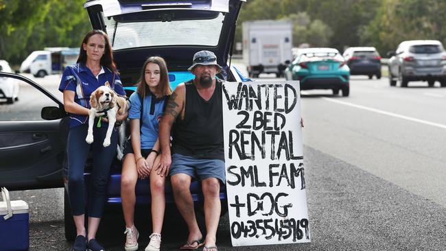 Lee Maynard, her partner Tommy Vucetit and their daughter Claudia Vucetit, 13, have found themselves homeless with their dog Sparticus after they moved out from their rental of 7 years and their landlord refused to give them a reference. They are finding it extremely difficult to find a rental property with a pet and no reference. Picture: Brendan Radke