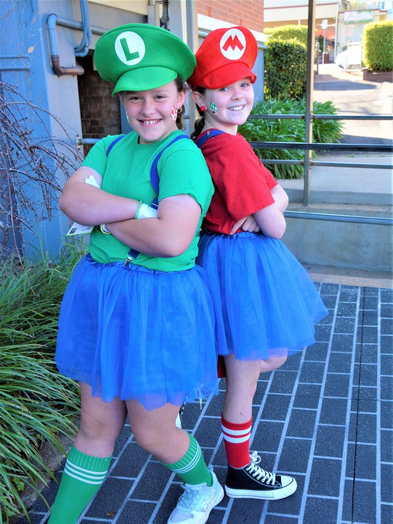 Dressed as Luigi and Mario (from left) are Vera Holmes and Sophie White. Picture: Rhylea Millar