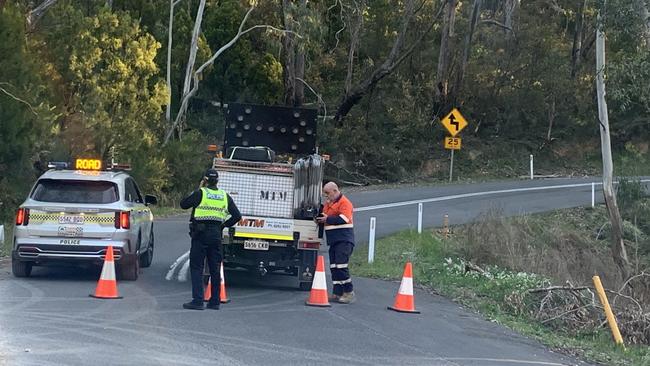 Emergency services at the scene of the crash at Cleland. Picture: George Yankovich