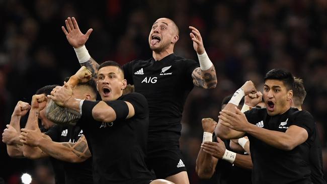 All Blacks halfback TJ Perenara leads the haka in Cardiff.