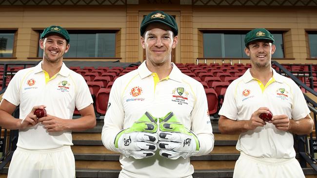 Australian skipper Tim Paine (centre) with vice-captains Josh Hazlewood and Mitch Marsh. Picture: Getty Images