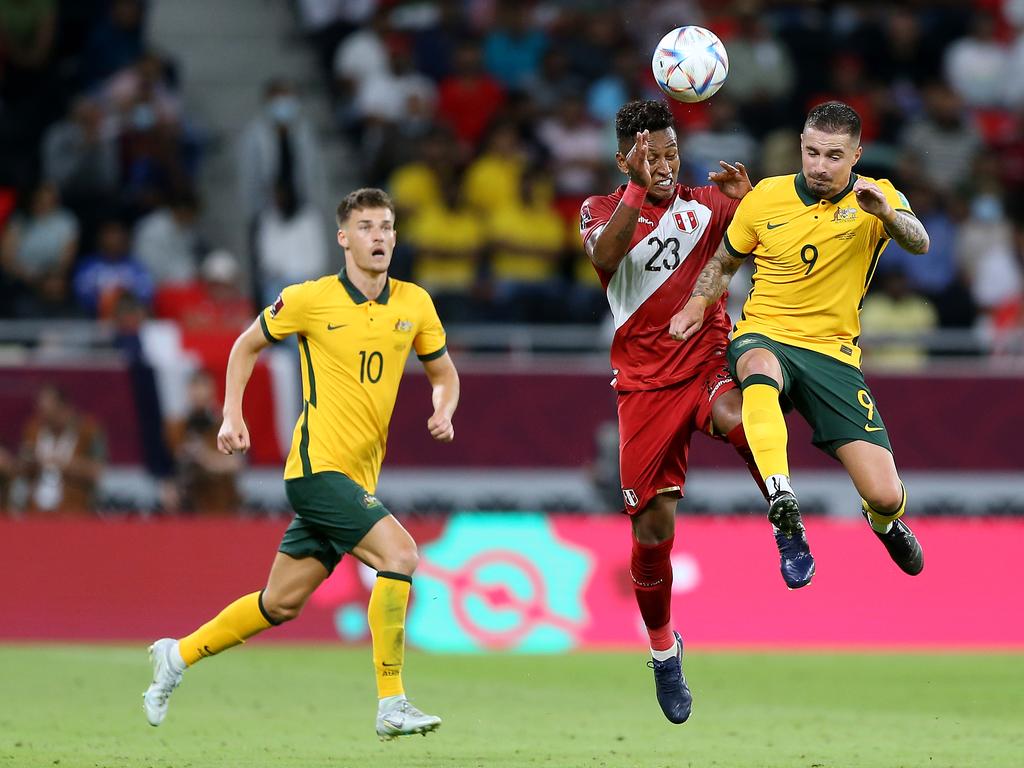 Jamie Maclaren was used as a late substitute in Australia’s win over Peru. Picture: Mohamed Farag/Getty Images