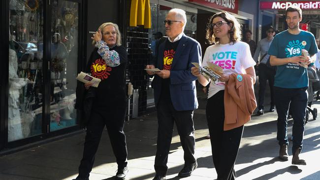 Former Prime Minister Malcolm Turnbull, his wife Lucy Turnbull, Member for Wentworth Allegra Spender are seen walking down the main street in Kings Cross, handing out flyers to campaign for the Voice to Parliament in Sydney. Picture: Gaye Gerard