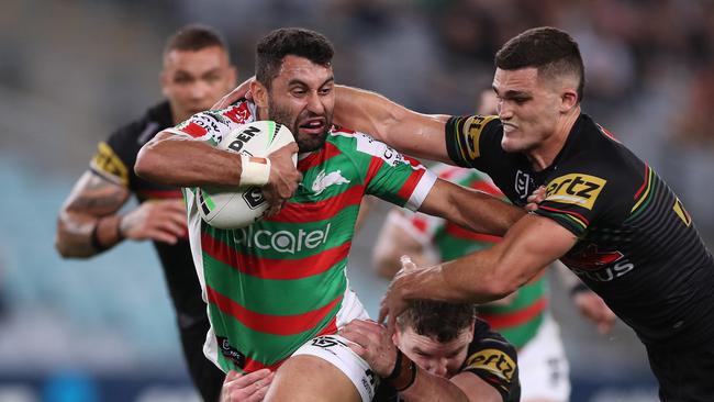 The Rabbitohs’ Alex Johnston is tackled during the NRL Preliminary Final. Picture: Getty Images