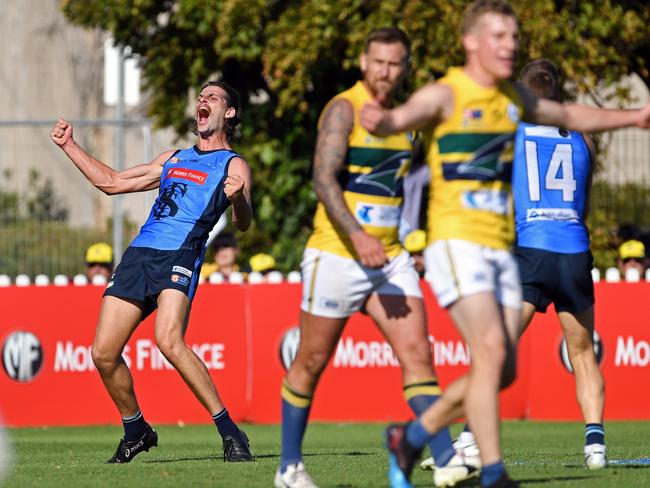 06/04/19 - SANFL: Sturt v Eagles at Unley Oval.  Sturt's Josh Patullo celebrates kicking a goal. Picture: Tom Huntley