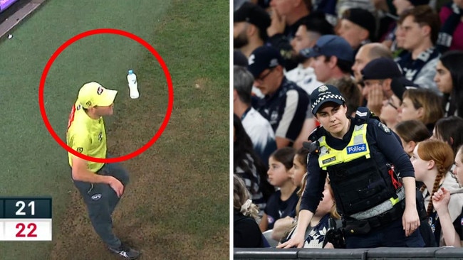 The umpire getting hit and police investigate. Photos: Fox Sports