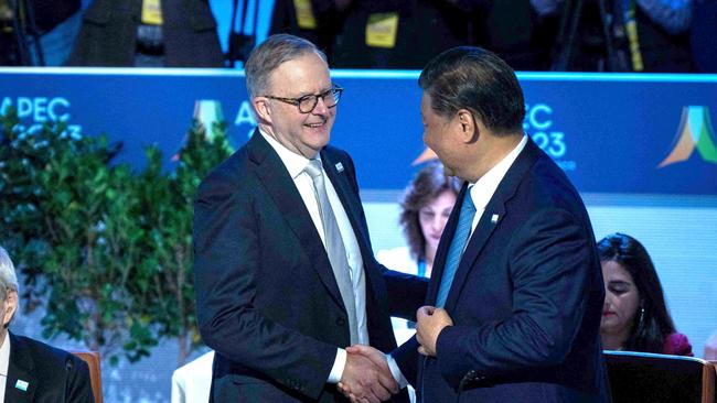 Prime Minister Anthony Albanese greets Chinese President Xi Jinping during the APEC Leaders Retreat in San Francisco.