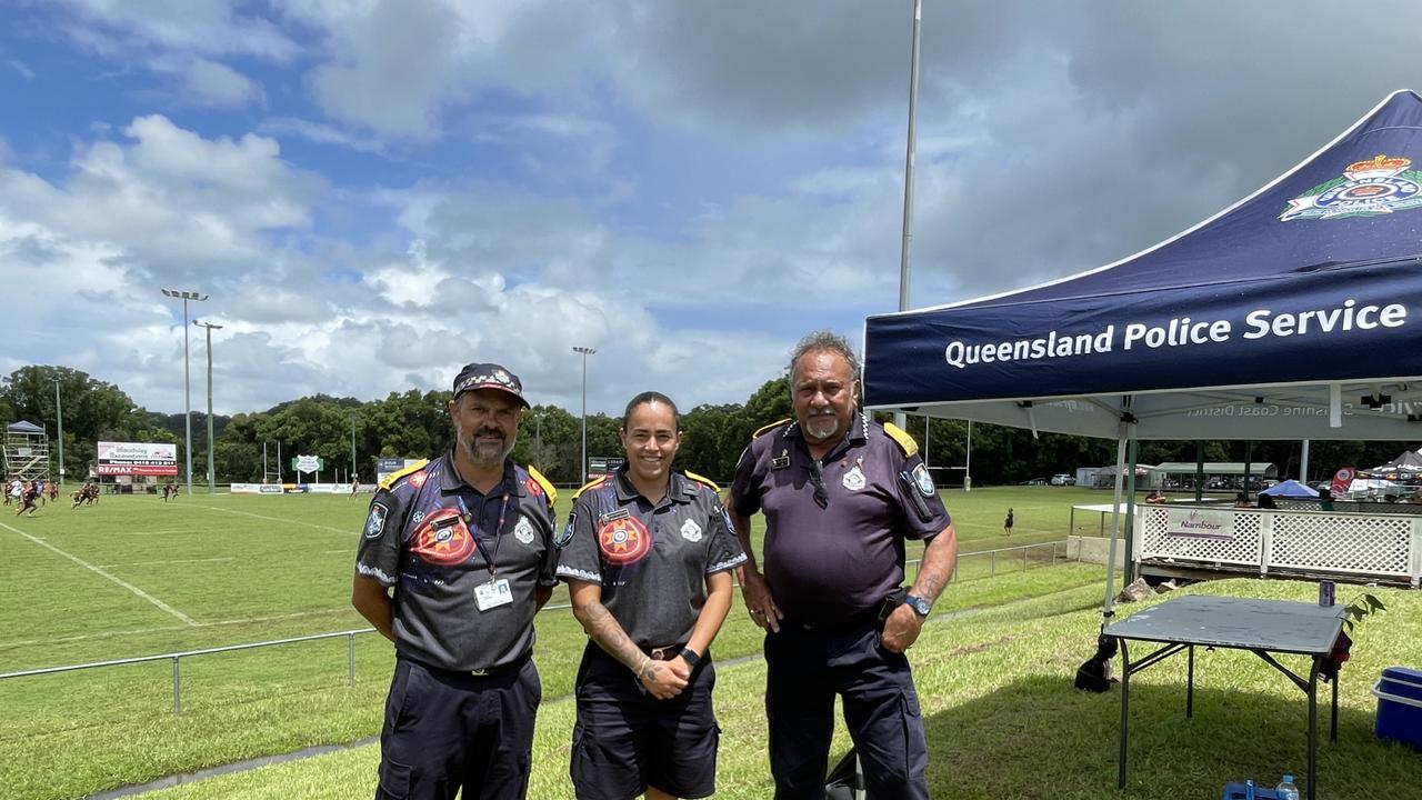 Police Liaison Officers (PLOs) Vernon Corporal, Brooke Kingdom, and Senior PLO Roy Hodges at the 2024 Sunshine Coast Bunyas Rugby League Carnival. Picture: Iwan Jones