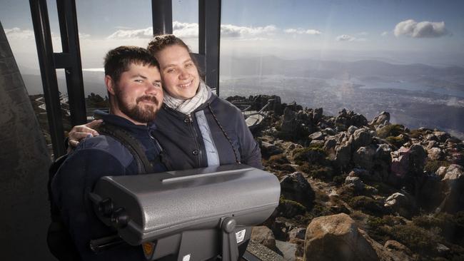 Adrian and Ally Della Franca of Perth, Western Australia at the Pinnacle lookout kunanyi/ Mount Wellington. Picture: Chris Kidd