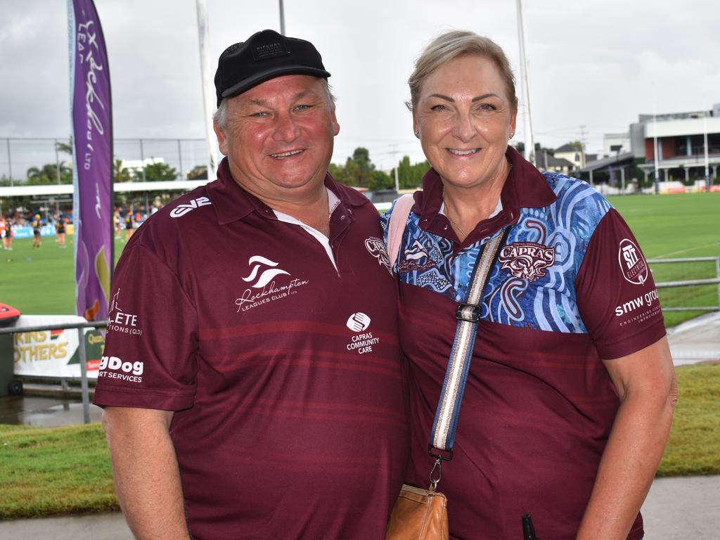 Mark McLachlan and Lynette Lavender at the Capras menâ&#128;&#153;s and womenâ&#128;&#153;s season openers at Browne Park, Rockhampton, on March 11, 2023.