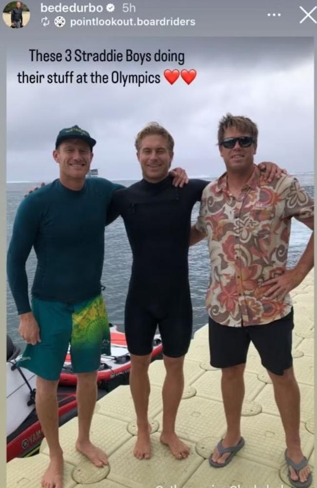 Ben Lowe has been removed by the International Surfing Association after posting a photo of himself with Australian surfer Ethan Ewing and coach Bede Durbidge. Picture: Instagram