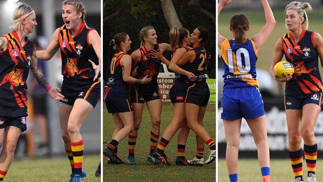 Noosa Tigers players Dani Bishop-Kinlyside (left), Eliza Trompf and Keirra Massoud. Picture: Highflyer Images