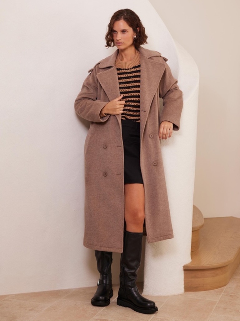 AERE Wool Blend Double Breasted Belted Winter Trench Coat