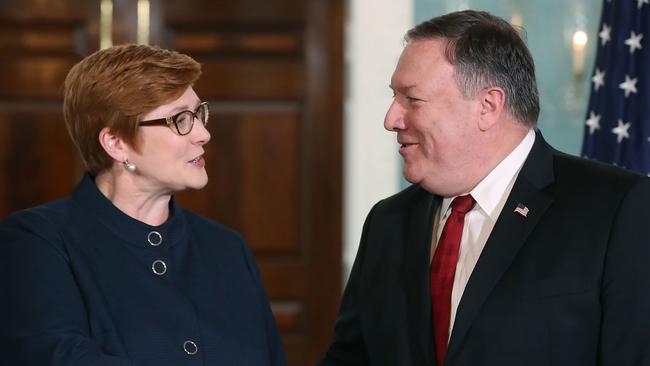 Foreign Minister Marise Payne meets US Secretary of State Mike Pompeo in Washington yesterday. Picture: AFP