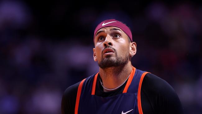 DUBAI, UNITED ARAB EMIRATES - DECEMBER 21: Nick Kyrgios of Eagles reacts in their men's singles match against Grigor Dimitrov of Falcons during day three of the World Tennis League at Coca-Cola Arena on December 21, 2022 in Dubai, United Arab Emirates. (Photo by Francois Nel/Getty Images)