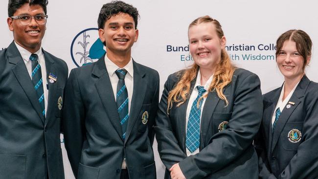 Bundaberg Christian College 2025 School Captains Jerome Jose and Erin Bowie in the middle with Vice Captains Amal Joseph Shijo and Katie Lambert on the outside