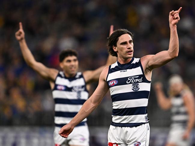Gryan Miers and Tyson Stengle celebrate. Picture: Daniel Carson/AFL Photos