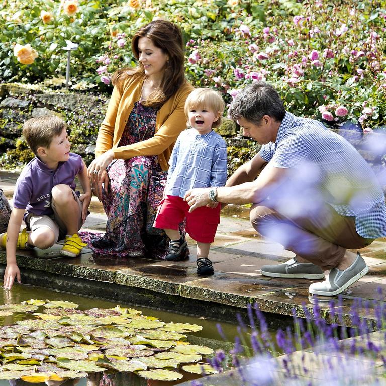 Prince Frederik and Princess Mary pose with their children Prince Christian and Prince Vincent at their summer residence of Grasten Castle. Picture: Henning Bagger/Scanpix/AFP