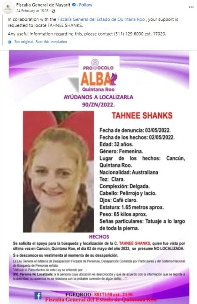 An Attorney-General on the west coast of Mexico last month posted a missing person notice for Whitsunday mum Tahnee Shanks, who vanished near Cancun on Mexico's southeast coast, on May 2, 2022. There have been no posts about her disappearance from the Attorney-General of Quintana Roo where she went missing since May last year. Picture: Facebook