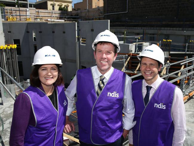 Federal MP Sarah Henderson, Federal Minister for Social Services Dan Tehan and NDIA CEO Rob De Luca. Picture: Peter Ristevski