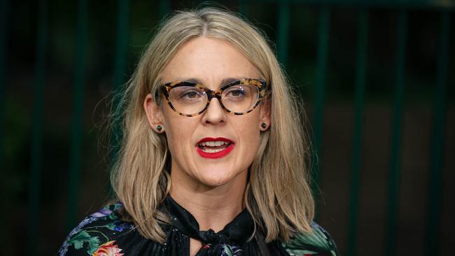 QCOSS CEO Aimee McVeigh speaks after a housing shortage roundtable discussion at parliament in Brisbane on March 28. Picture: Glenn Campbell