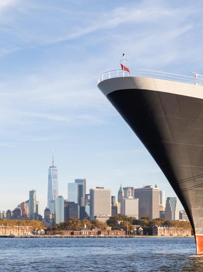 The bow of Cunard cruise liner Queen Mary 2 in Brooklyn.