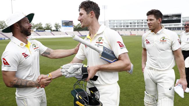 Cameron Bancroft is congratulated by Matthew Wade after his match-winning knock.