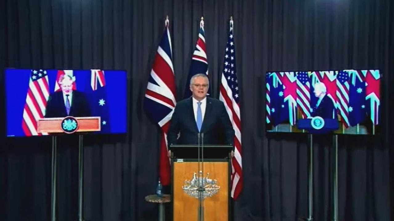 Prime Minister Scott Morrison, US President Joe Biden, and UK Prime Minister Boris Johnson hold a press conference to announce the new defence agreement.