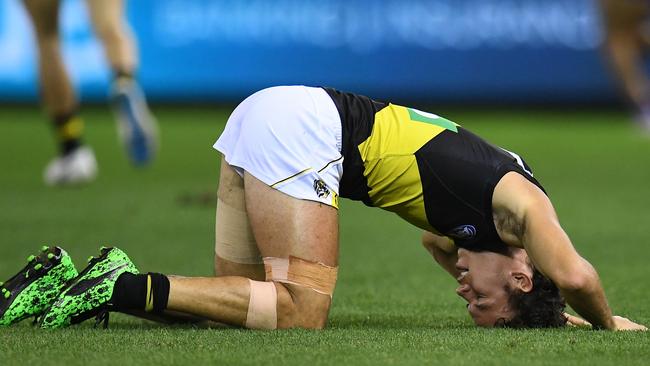 Daniel Rioli catches his breath after being crunched in Richmond’s loss to Western Bulldogs. Picture: AAP Image/Julian Smith.