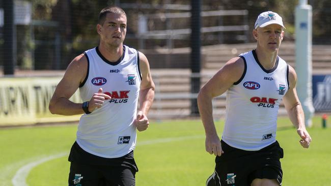 Tom Rockliff and Robbie Gray in the 2018 pre-season. Picture: AAP Image/Ben Macmahon