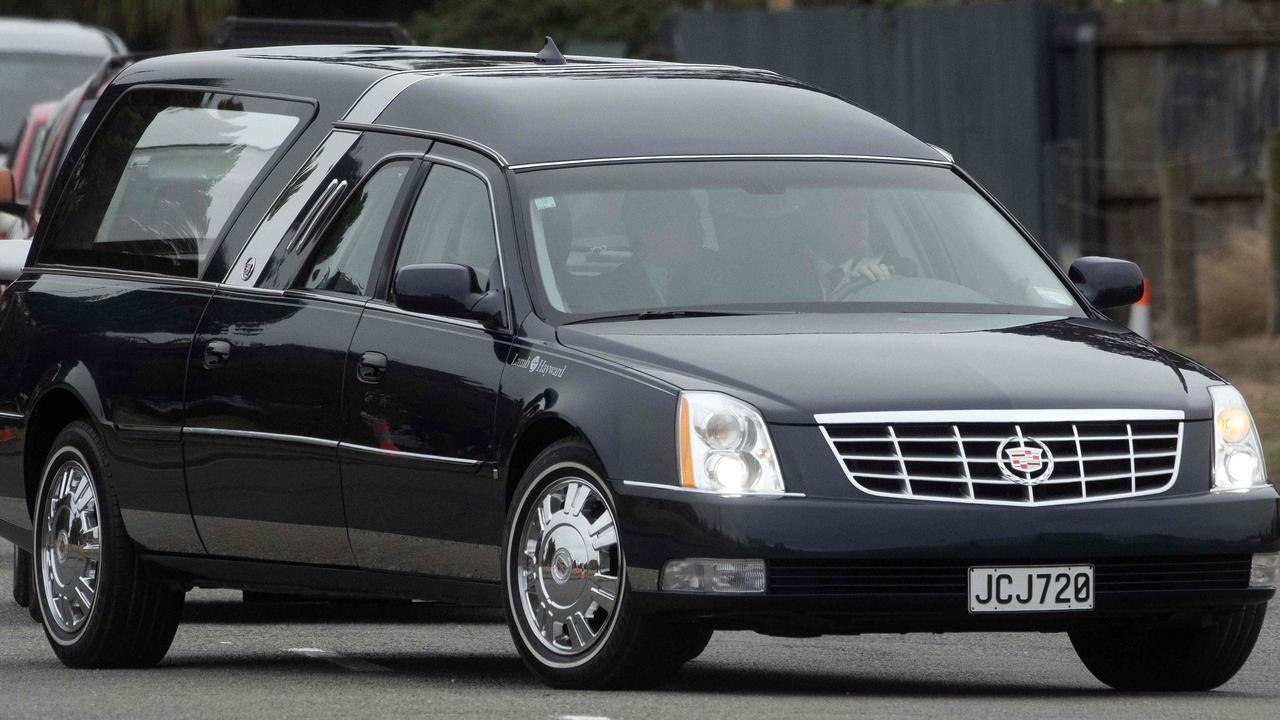 A hearse, transporting the mortal remains of a victim killed in New Zealand's twin mosque attacks, arrives at the Memorial Park cemetery in Christchurch on March 21, 2019. Picture: Marty Melville / AFP.