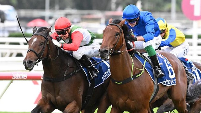 Cejay Graham lands the biggest win of her career on Kintyre in the Group 2 Queensland Guineas at Eagle Farm for trainer Gary Portelli. Picture: Grant Peters - Trackside Photography.