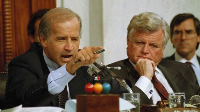 Senate Judiciary Committee Chairman Joe Biden points angrily at Clarence Thomas during comments at the end of hearings on Thomas's nomination to the Supreme Court on Capitol Hill, Washington.