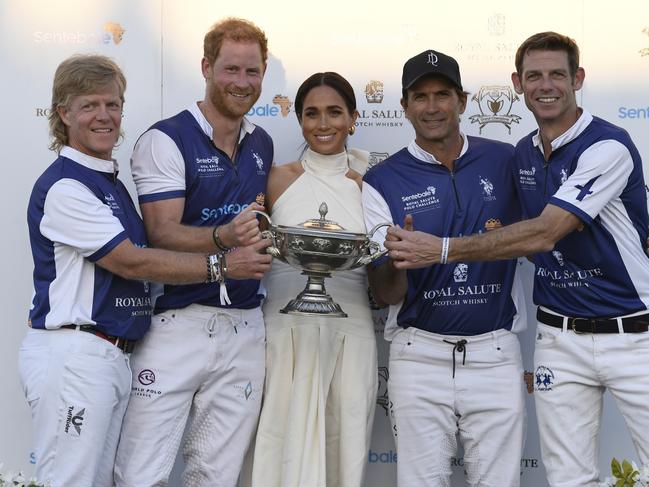 Meghan Markle during the Royal Salute Polo Challenge with Dana Barnes, Prince Harry, Duke of Sussex, Adolfo Cambiaso and Malcolm Borwick. Picture: Jason Koerner/Getty Images for Sentebale