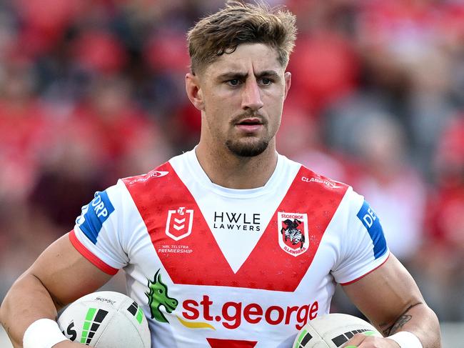 BRISBANE, AUSTRALIA - MARCH 17: Zac Lomax of the Dragons is seen during the warm up before the round two NRL match between the Dolphins and St George Illawarra Dragons at Kayo Stadium, on March 17, 2024, in Brisbane, Australia. (Photo by Bradley Kanaris/Getty Images)