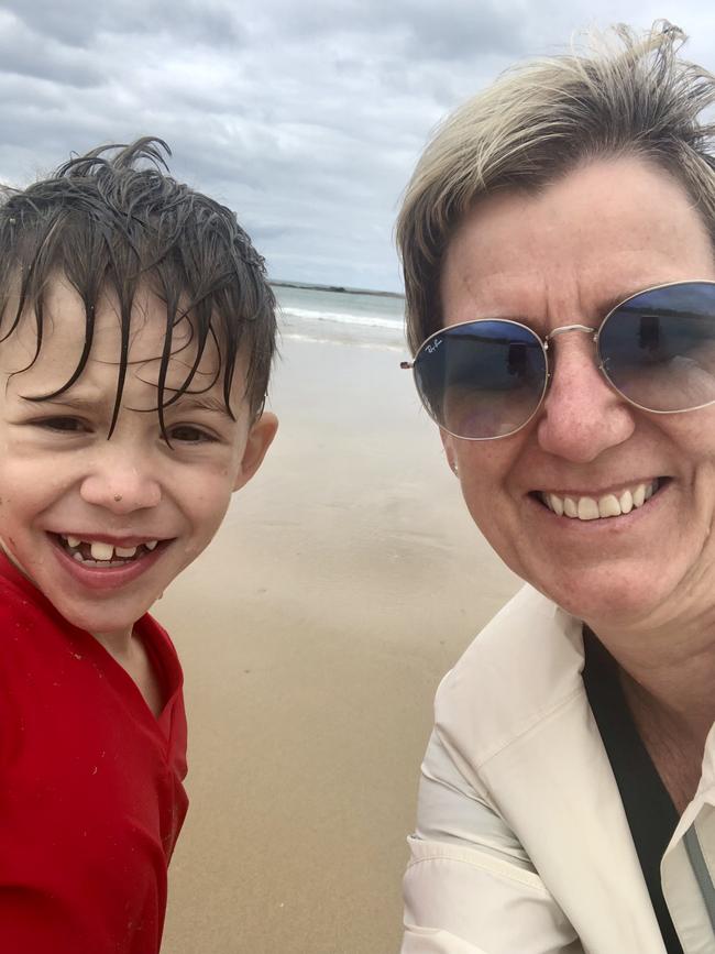 Nephew Charlie and aunty Deborah Price, freezing in the water off Marengo Beach, Apollo Bay on December 28, 2023. Picture: Deborah Price, Brunswick.