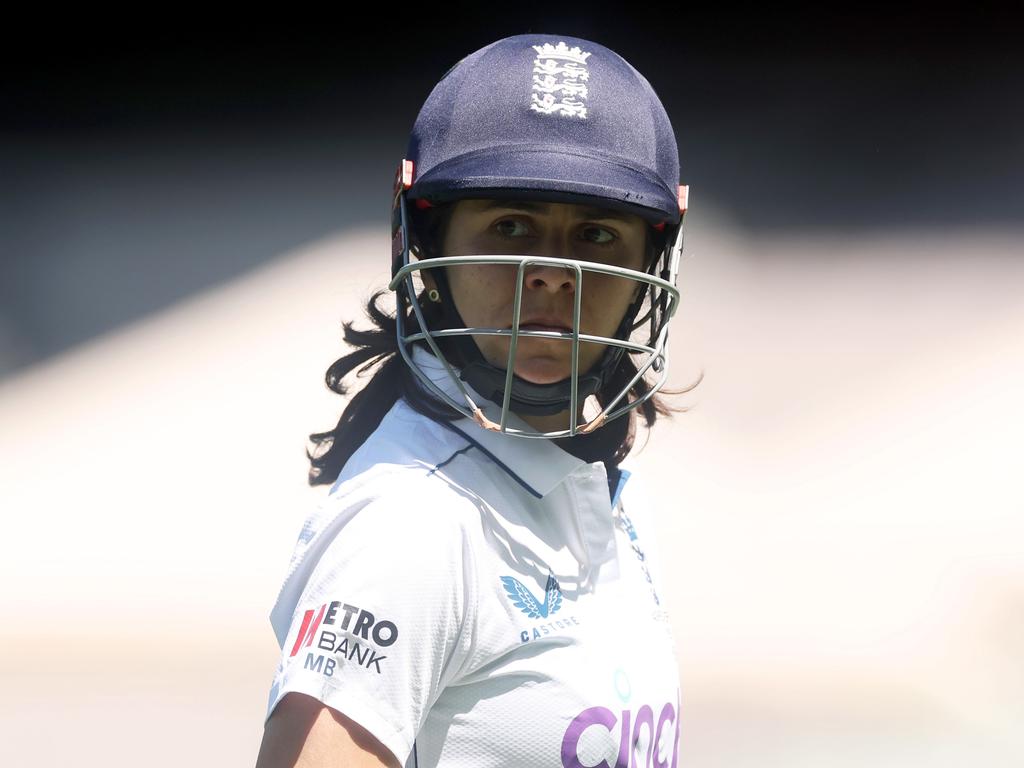 Maia Bouchier was dismissed fourth ball of the day. (Photo by Daniel Pockett/Getty Images)