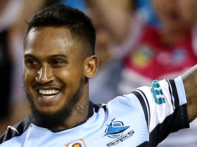 Shark's Ben Barba celebrates after scoring the match winning try try during the round 5 NRL game between the Wests Tigers and the Cronulla Sharks at Campbelltown Stadium . Picture Gregg Porteous